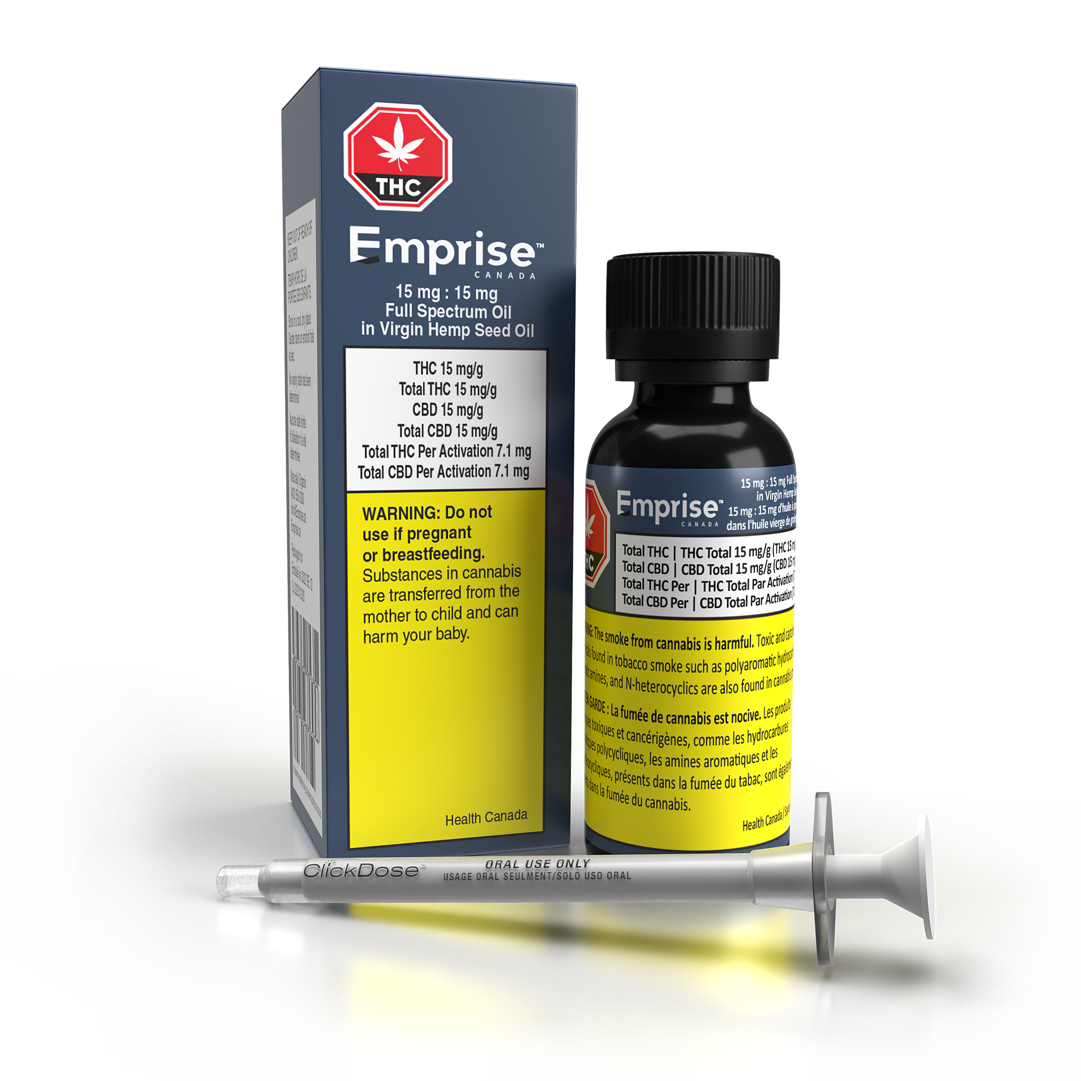 Cannabis Product 15 mg : 15 mg Full Spectrum Oil in Virgin Organic Hemp Seed Oil (28.5g = 427.5 : 427.5mg THC:CBD) by Emprise Canada